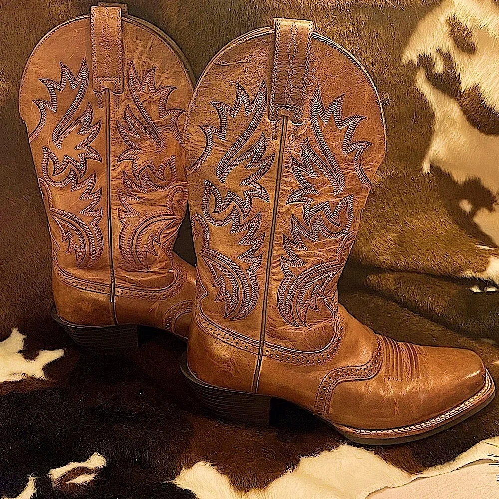BROWN BOOTS SQUARE TOE RIDING HEEL LADY 8 MEN 7D ARIAT SPUR SHELF STITCH UNISEX - Picture 3 of 15